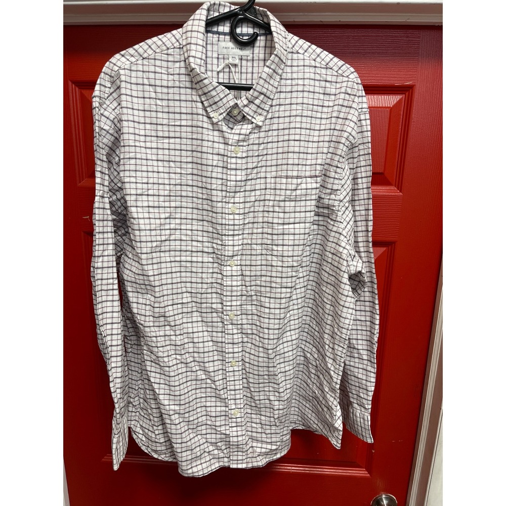 Free Assembly Mens 3XL Button Down Shirt White Burgundy Grid Plaid Long Sleeve